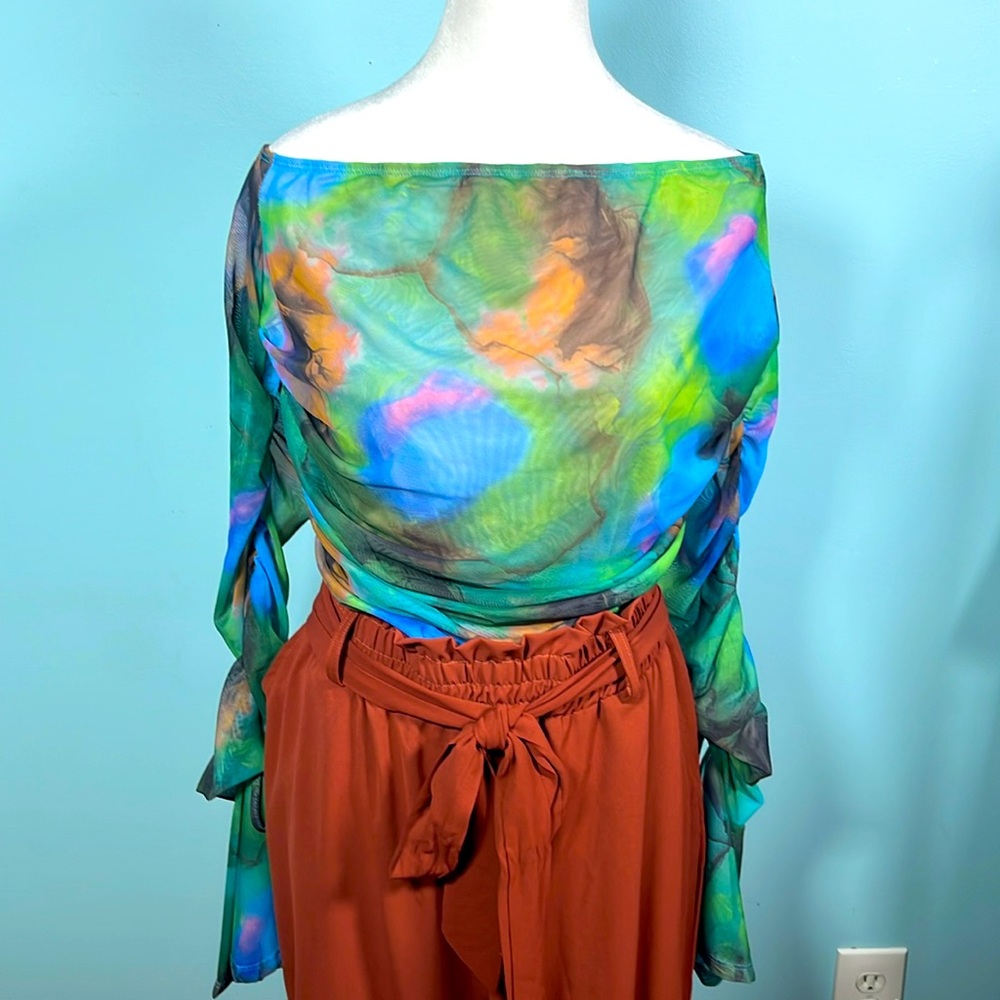 NWT SHEIN SXY MULTI‎ COLOR Sheer Mesh Bodysuit With Long Peplum Sleeves Size 3XL